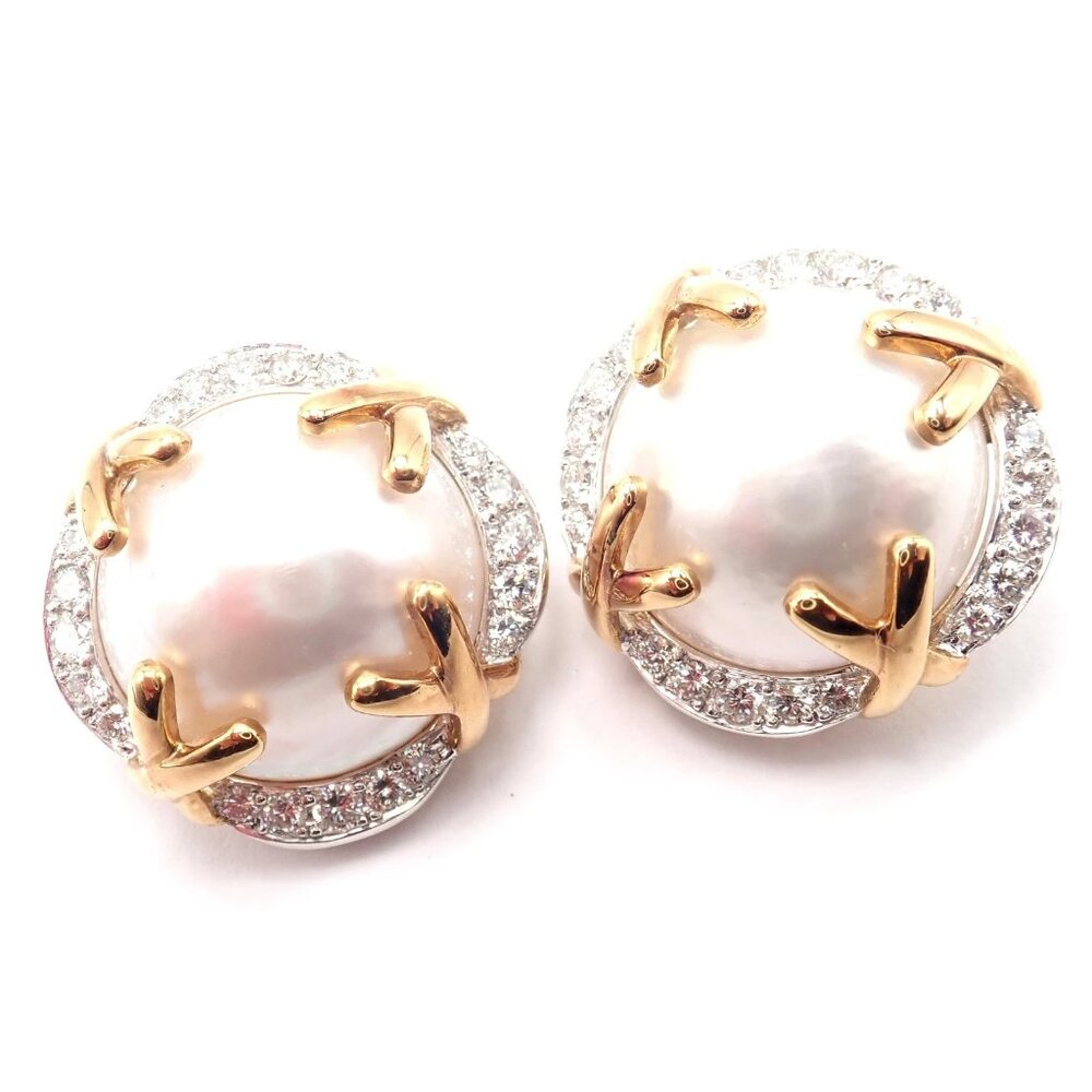 Authentic! Vintage Verdura 18k Yellow Gold Mabe Pearl Diamond Large Earrings - Picture 6 of 14